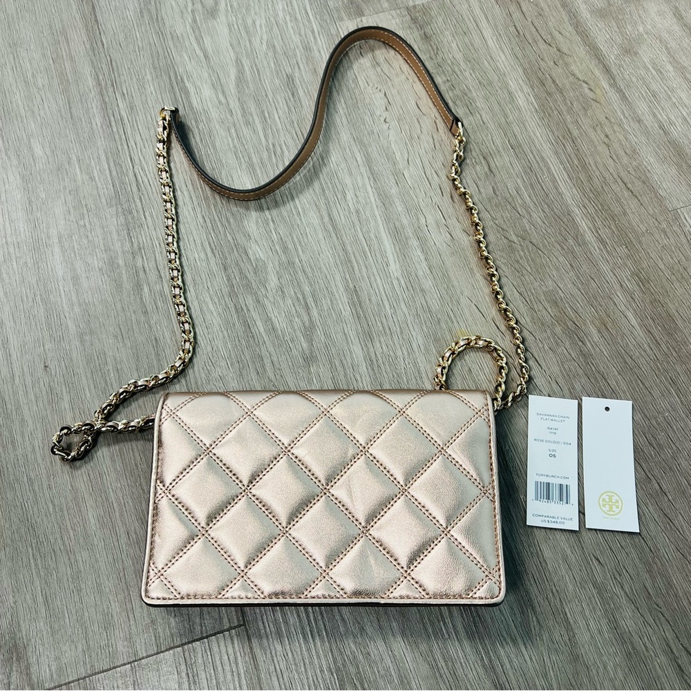 Tory Burch Savannah Chain Flat Wallet Rose Gold Crossbody Bag - Picture 5 of 11